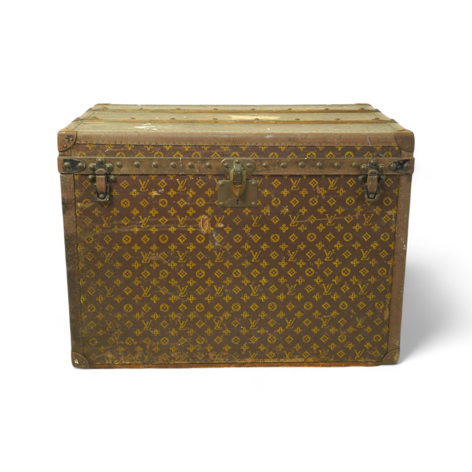 A vintage Louis Vuitton trunk, with black painted iron banding, wooden slats and canvas LV fabric, label for Paris, New Bond Street, Nice and Lille, numbered 776719, the interior with original tray, 76cm wide, 49cm deep,